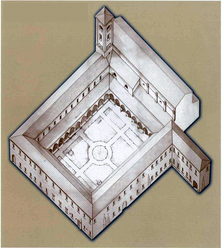 Ricostruzione ipotetica del chiostro di Santa Maria delle Grazie, disegno di Giulio Cesare Mussi
